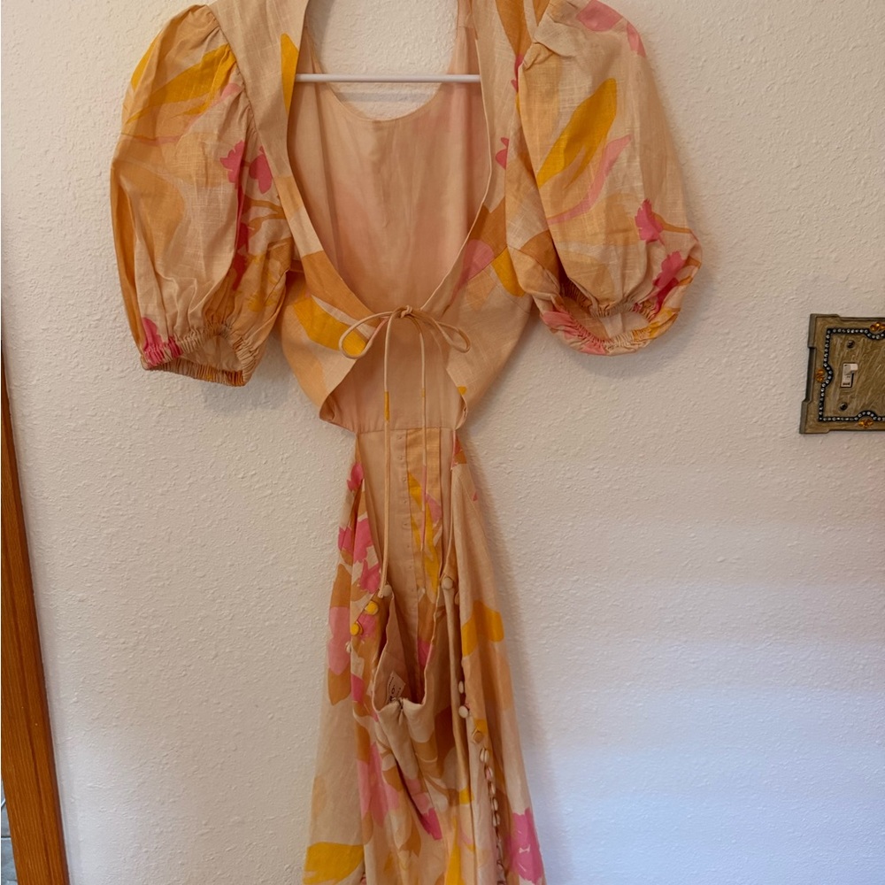 Sabo Skirt Beige Floral Puff-Sleeve Maxi Dress with Pink & Mustard Print - Picture 2 of 4